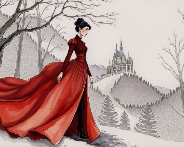 Elegant Woman in Red Gown in Snowy Landscape