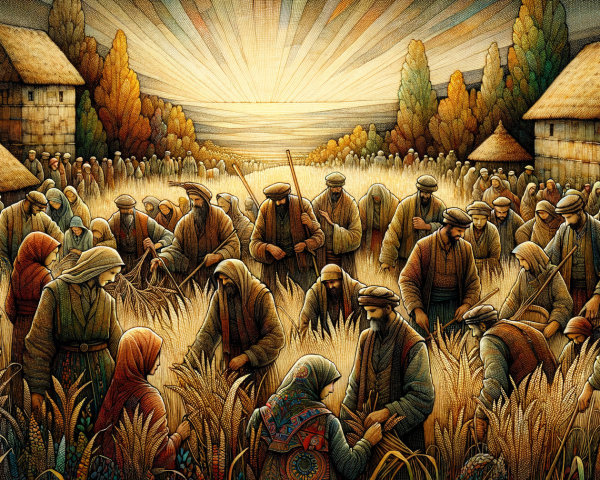 Harvesting Crops in a Golden Field with Community Scene
