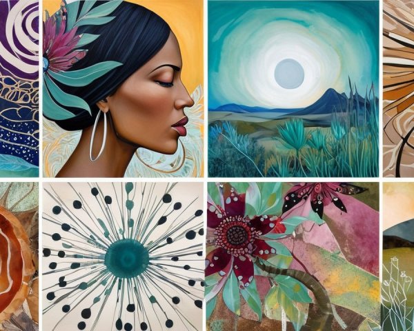 Vibrant Collage of Abstract and Floral Artistic Works