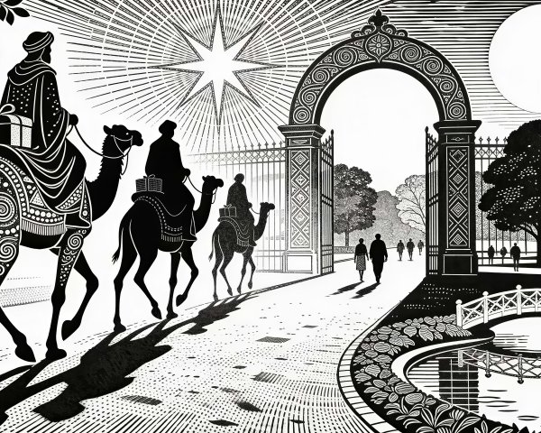 Men on Camels Approaching Ornate Gate in Illustration