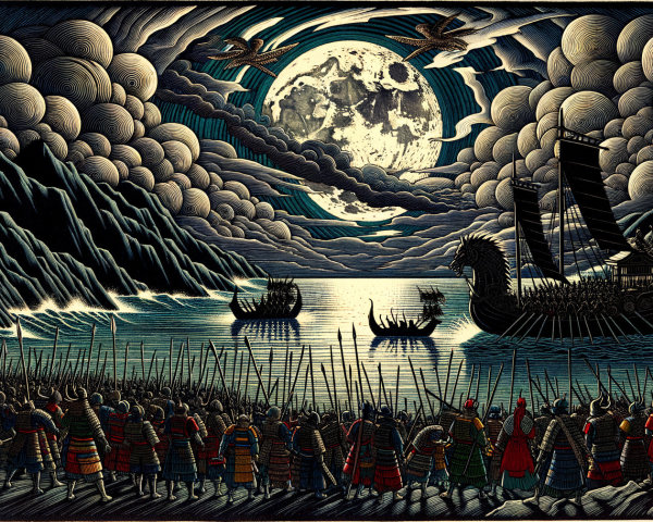Warriors at Shoreline with Longships Under Full Moon