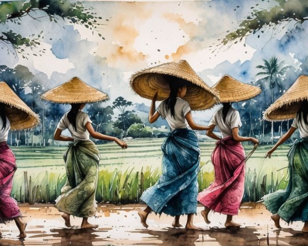 Watercolor Painting of Women in Rice Fields