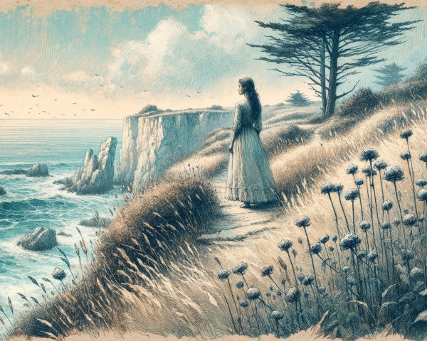 Coastal Scene with Woman on Cliffside Overlooking Ocean