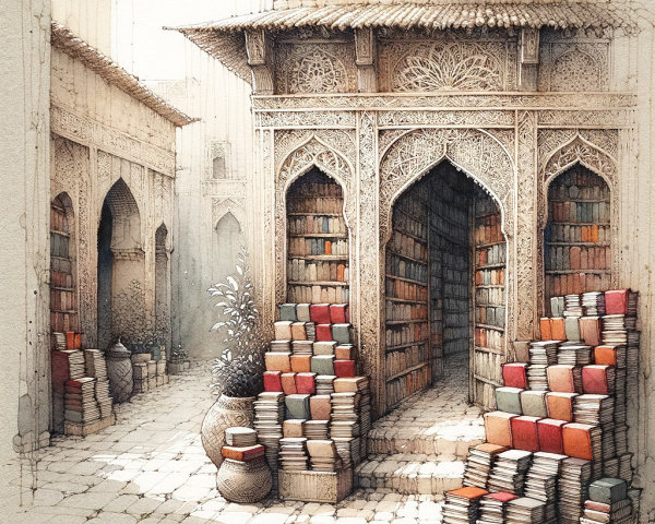 Intricate Scene of a Quaint Bookshop with Books and Plants