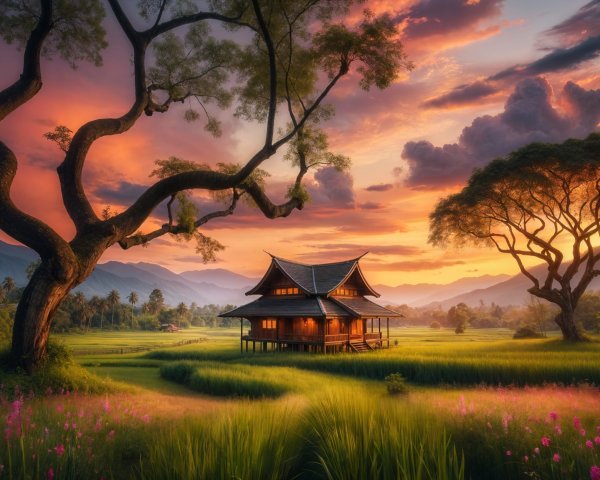 Serene Dusk Landscape with Wooden House and Sunset