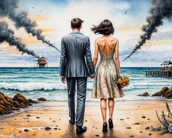 Couple Walking on Beach Amidst Oil Rig Smoke