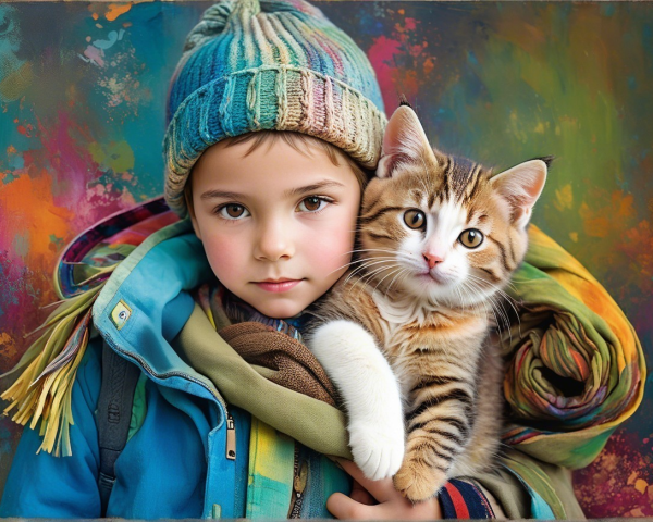 Child with tabby cat in colorful artistic background