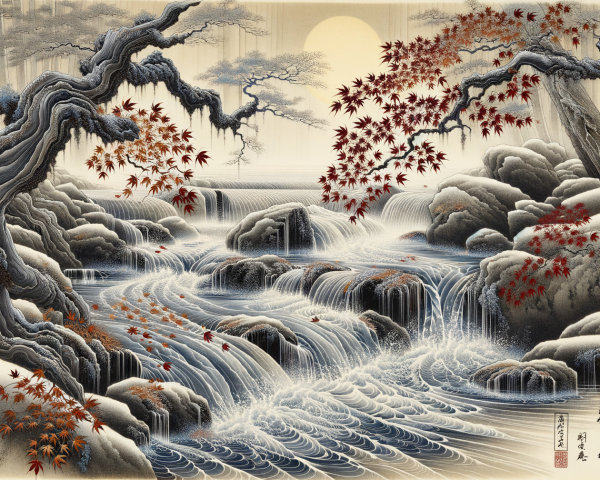 Serene Landscape with Stream and Autumn Foliage