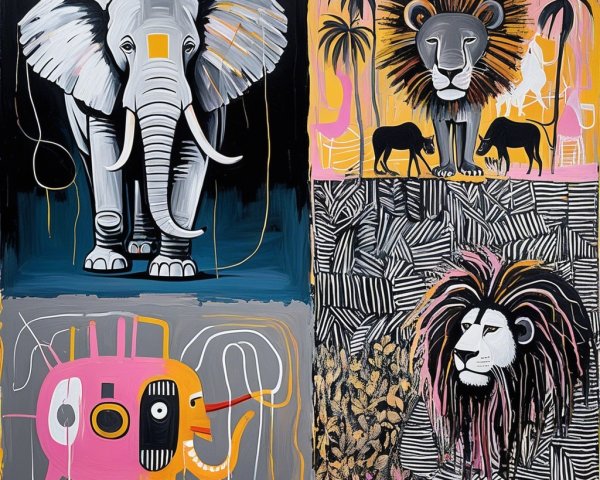 Vibrant Artwork with Stylized Animals in Four Quadrants