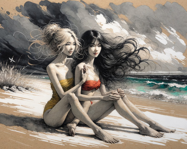 Young Women on Beach with Contrasting Swimwear Colors
