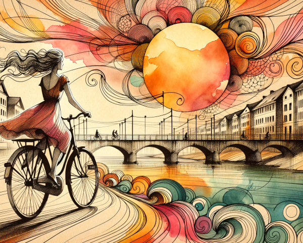 Whimsical illustration of a woman cycling by a river