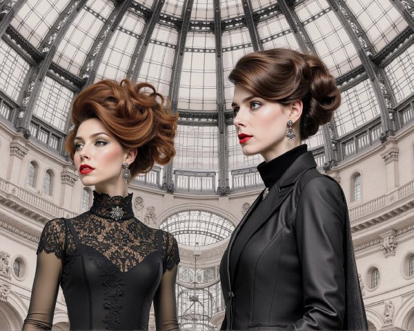 Models in Elegant Fashion within Grand Architecture
