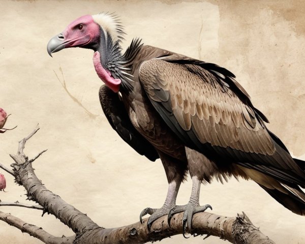 Majestic Vulture on Branch with Blooming Flowers