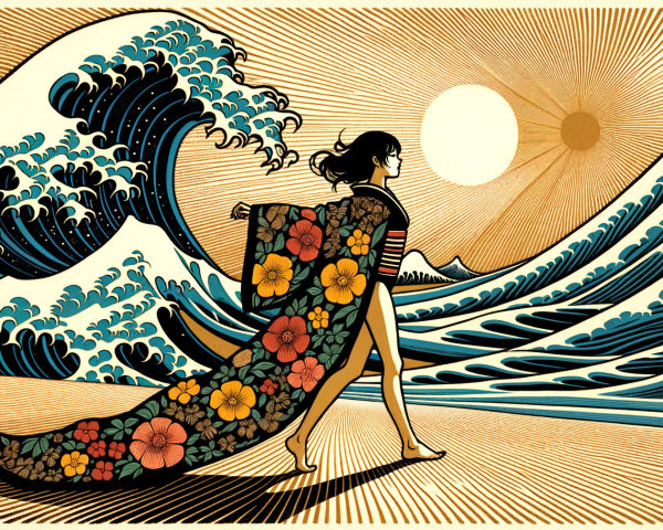 Kimono-Clad Figure on Beach with Vibrant Waves and Sun