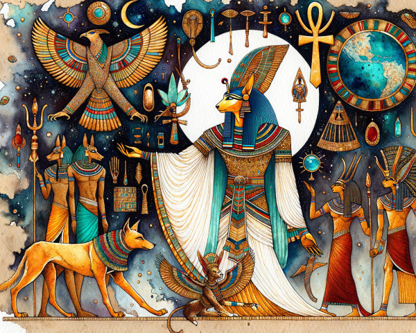 Ancient Egyptian Mythology Scene with Deities and Symbols