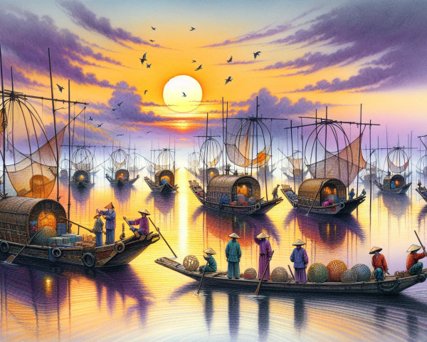 Twilight Scene of Fishing Boats on a Calm Lake
