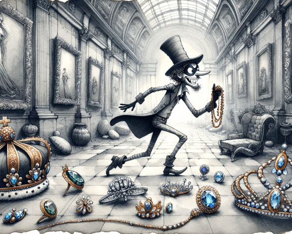 Whimsical Scene of Jewelry and a Sly Character