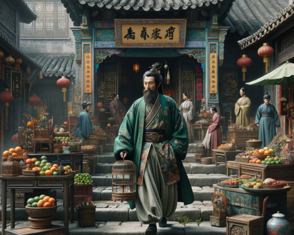 Traditional Market Scene with Colorful Stalls and Goods