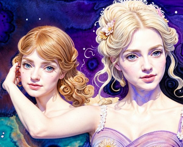 Ethereal Figures in Pastel Gowns on Purple Background