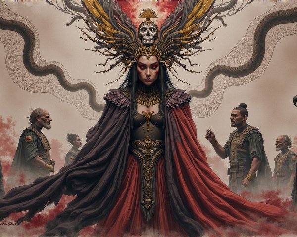 Dark Fantasy Scene with Central Figure and Six Characters
