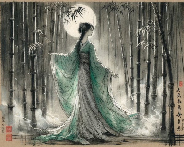 Ethereal Figure in Bamboo Forest Under Moonlight