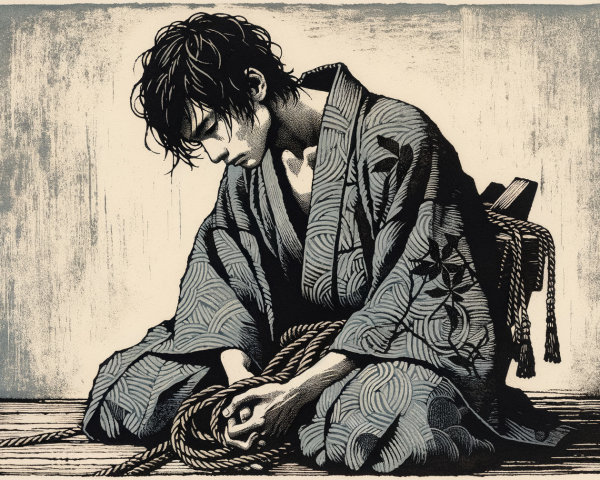 Young man in kimono in contemplative pose with rope