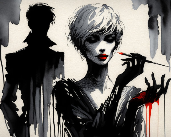 Black and White Artwork with Red Highlights and Mystery