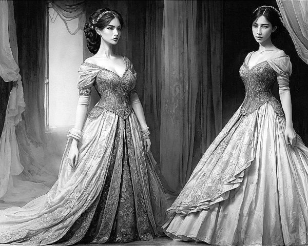 Elegant Women in Intricate Gowns in Soft Lighting