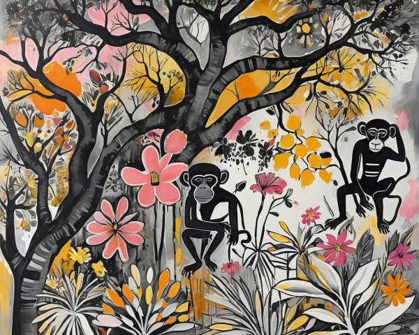 Vibrant Jungle Scene with Stylized Monkeys and Flora