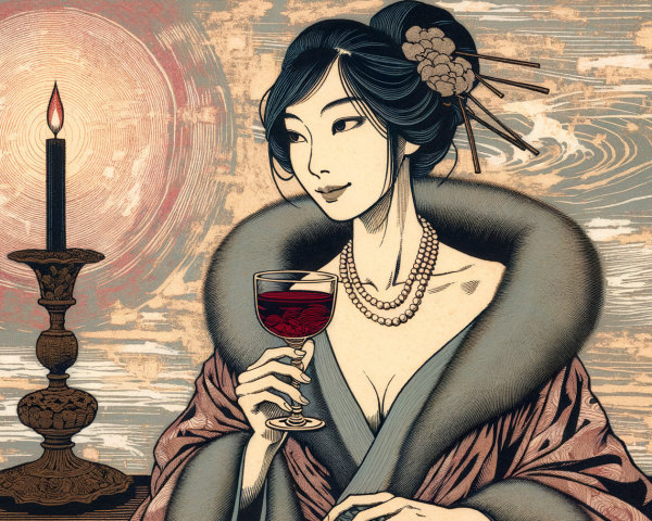 Elegant Woman in Traditional Outfit with Red Wine