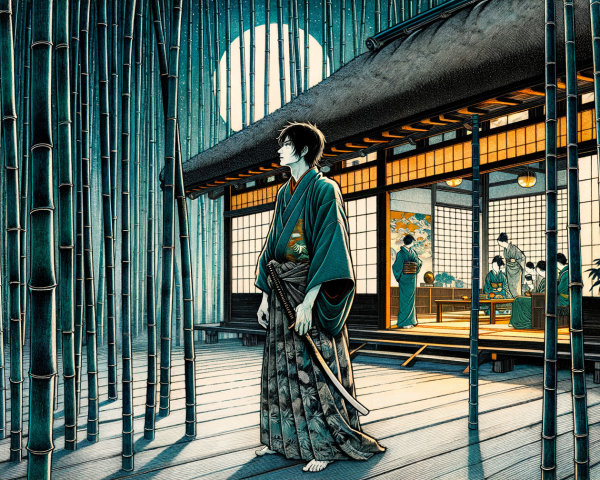 Moonlit Scene of Figure in Bamboo with Warm House Light