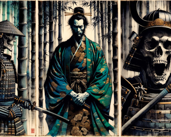 Three Distinctive Warriors Against Bamboo Backdrop