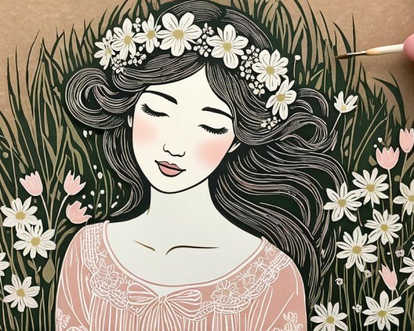 Serene Illustration of Woman in Nature with Daisies