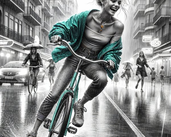 Joyful Bicycle Ride in a Rainy Urban Setting