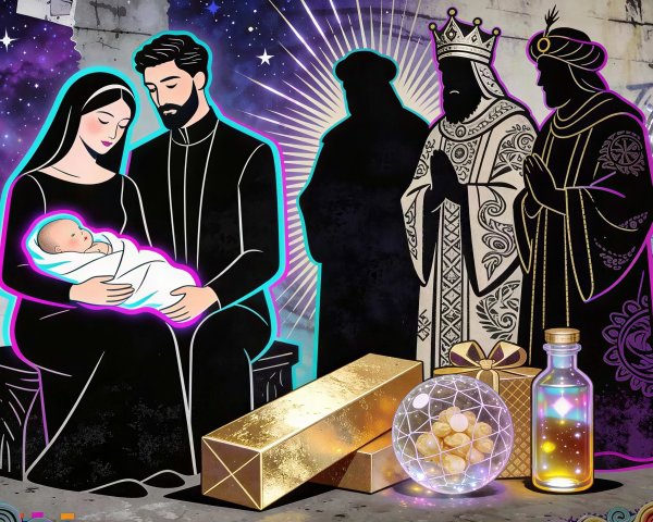 Cyberpunk Nativity Scene in Neon Art Style