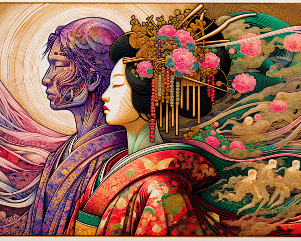 Psychedelic Line-Art of Japanese Figures in Vibrant Colors