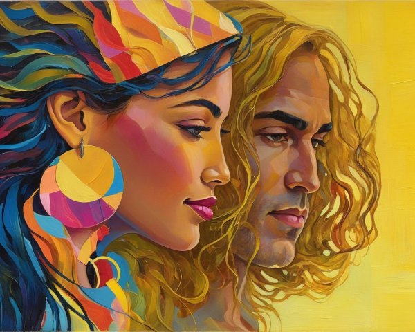 Colorful Side Profiles of a Man and Woman in Art