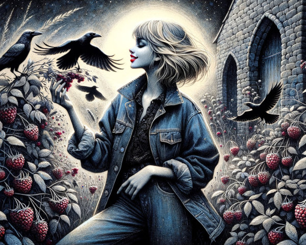 Whimsical Scene of a Woman among Raspberry Bushes