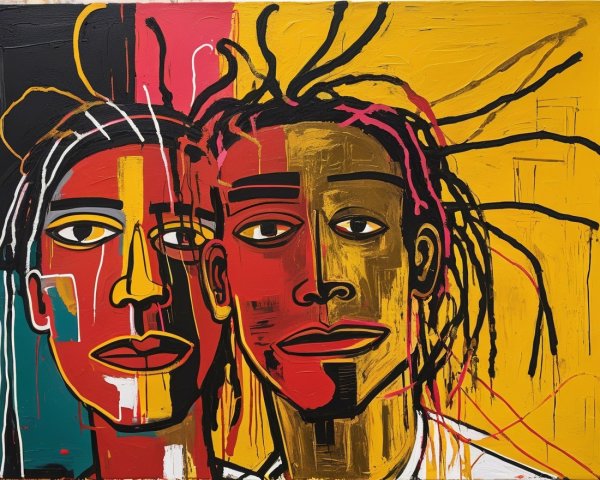 Abstract Faces in Bold Colors on Vibrant Yellow Background