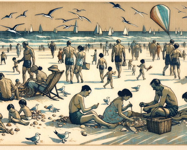 Vibrant Beach Scene with Families and Activities