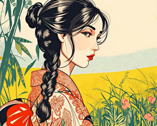 Illustration of Woman in Traditional Kimono Amid Nature