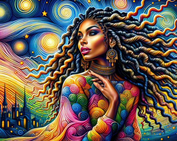 Vibrant Cosmos with Woman in Spiral Patterned Garment