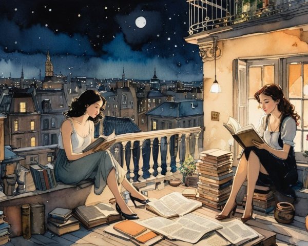 Women Reading on a Balcony Under a Starry Sky