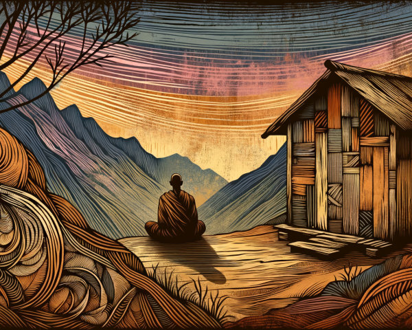 Serene Landscape with Meditating Figure and Mountains