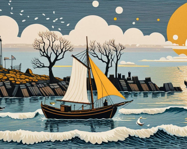 Coastal Scene with Sailboat and Lighthouse at Sunset