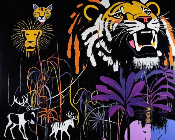 Abstract Wildlife Art with Bold Colors on Black Background