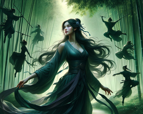 Mystical Bamboo Forest with Elegant Figures in Motion