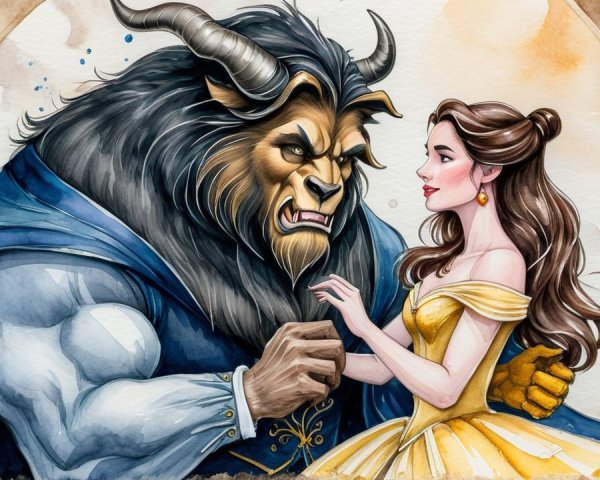 Tender Moment Between Belle and the Beast in Artwork