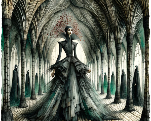 Dramatic Scene of Central Figure in Dark Gown