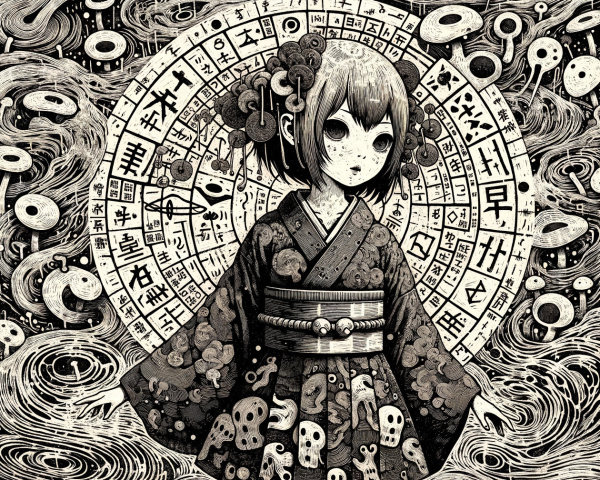 Girl in Kimono Surrounded by Mystical Patterns